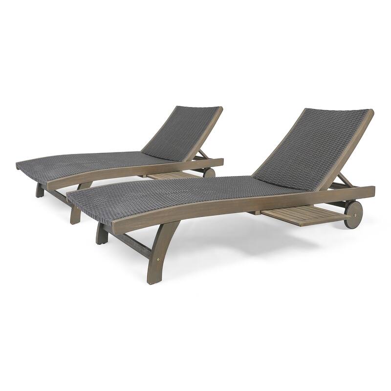 2-Piece Chaise Lounge Chairs with Wheels & Pull Out Side Tray, Adjustable Patio Wicker Reclining Chair