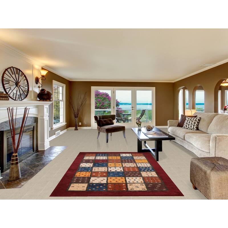 Tribal Geometric Gabbeh Indian Area Rug Red Hand-Tufted Wool Carpet - 5'3" x 7'7"