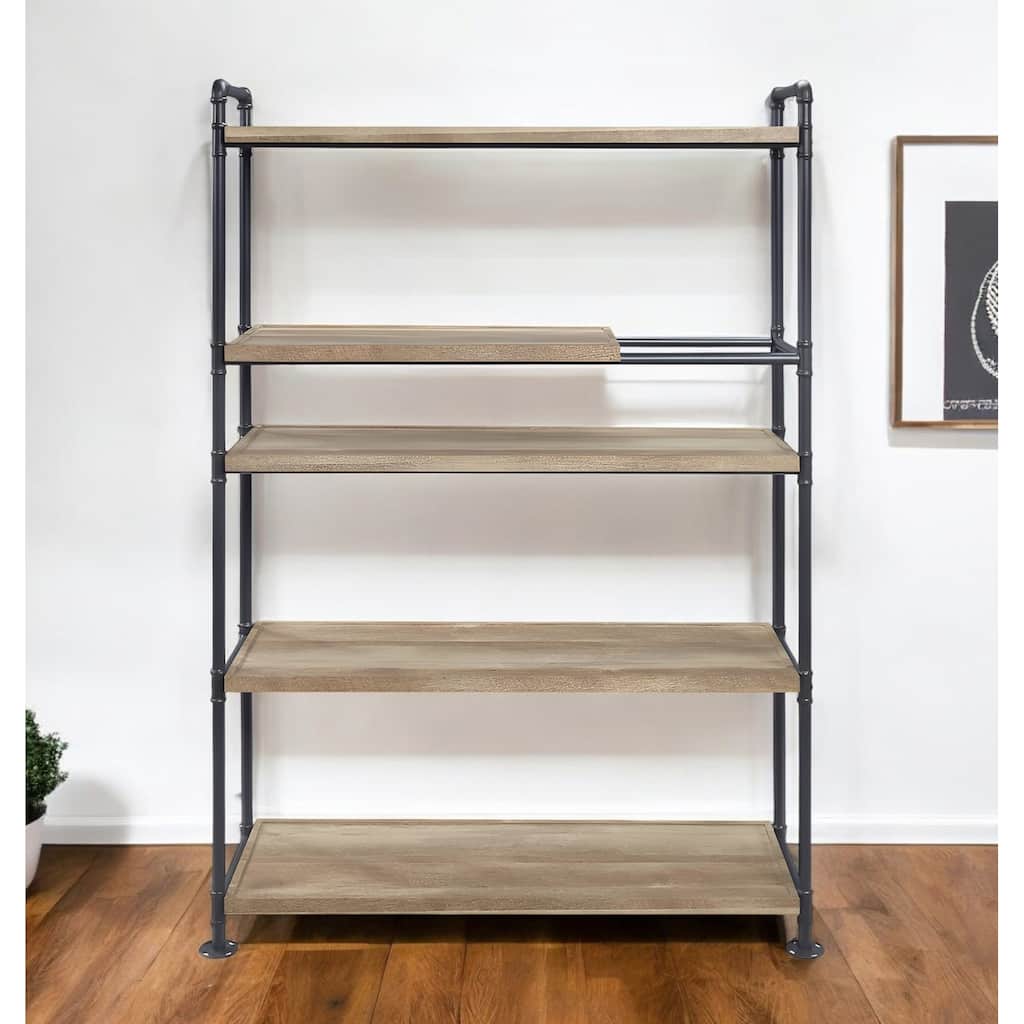 HomeRoots 65" Natural And Black Metal and Wood Five Tier Etagere Bookcase