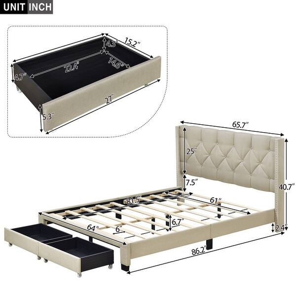 Queen Size Linen Upholstered Platform Bed with 2 Drawers Bed Bath