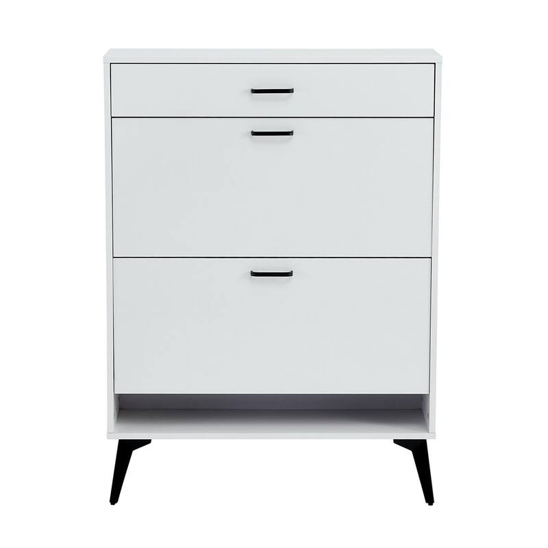 Shoe Cabinet With 2 Flip Drawers Open Shelf Modern Shoe Racks Storage Organizer - White