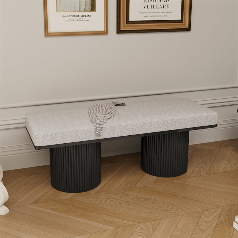 Upholstered Bench with Black Chunky Legs Light Grey Boucle Fabric