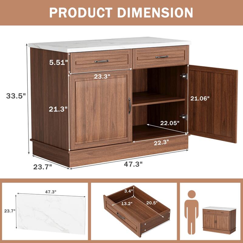 EROMMY 48" Kitchen Island Cabinet with Marble Countertop, Walnut Finish, 2 Drawers & 2 Cabinets