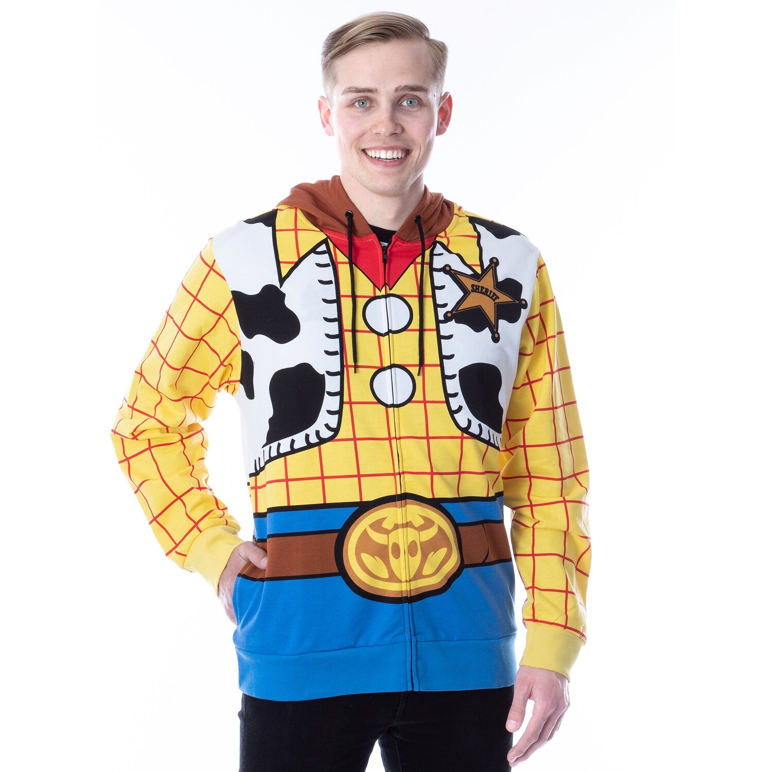 Disney Pixar Toy Story Men S I Am Woody The Cowboy Sheriff Costume Adult Sweatshirt Zip Hoodie Overstock 31253762