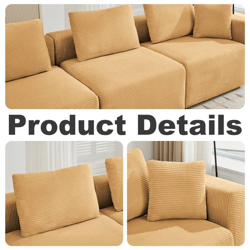 Corduroy Sectional Modular Sofa with Square Arms & Ottoman Extension for Flexible Arrangements