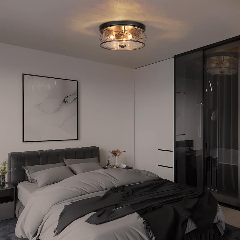 Modern 3-Light Black Silver Drum Flush Mount Light Seeded Glass Ceiling Lights for Foyer - D 13.5" x H 6"