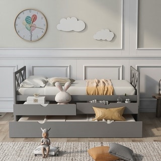 Twin Size Wooden Daybed with 2 Drawers and Trundle for Kids Teens
