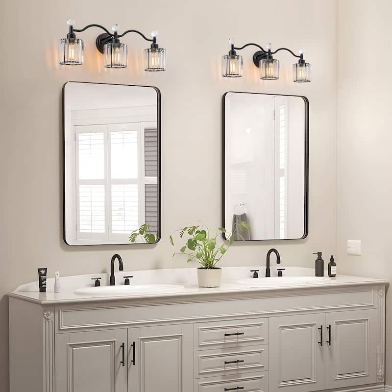 Starsky 3-Light Modern Crystal Bathroom Vanity Fixture with Ribbed Glass Shades and Sparkling Crystal Ball Accents