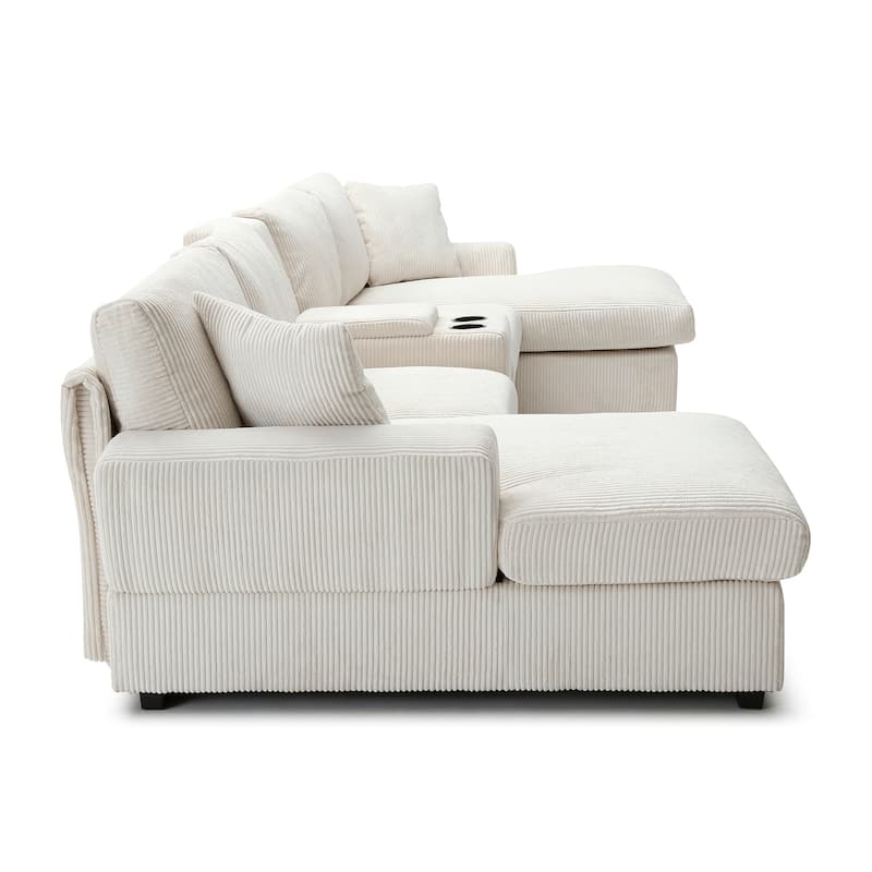 Comfy Corduroy Cloud U-shaped Sectional Sofa with Double Chiase Lounge, Built-in Storage Console and Cup Holders for Living Room