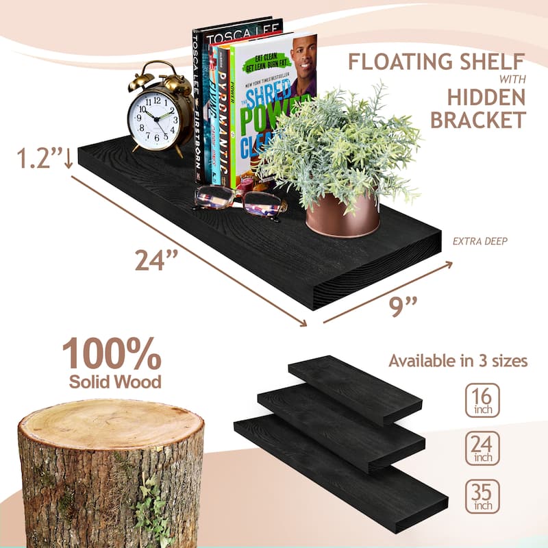 Solid Wood Floating Shelves for Wall, Set of 2 Wooden Wall-Mounted Shelves - 9” L X 24" W X 1.2” H