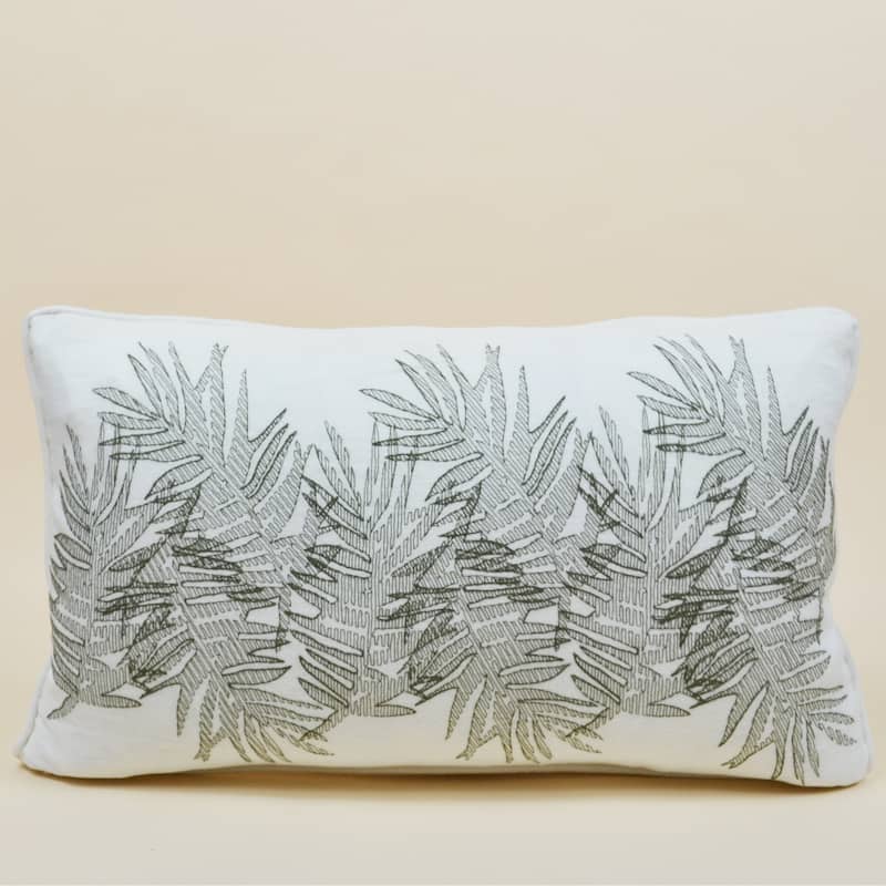 Jiti Indoor Casual Coastal Multi Palm Design Embroidered Italian Linen Piped Edges Decorative Rectangle Lumbar Pillows 12 x 20