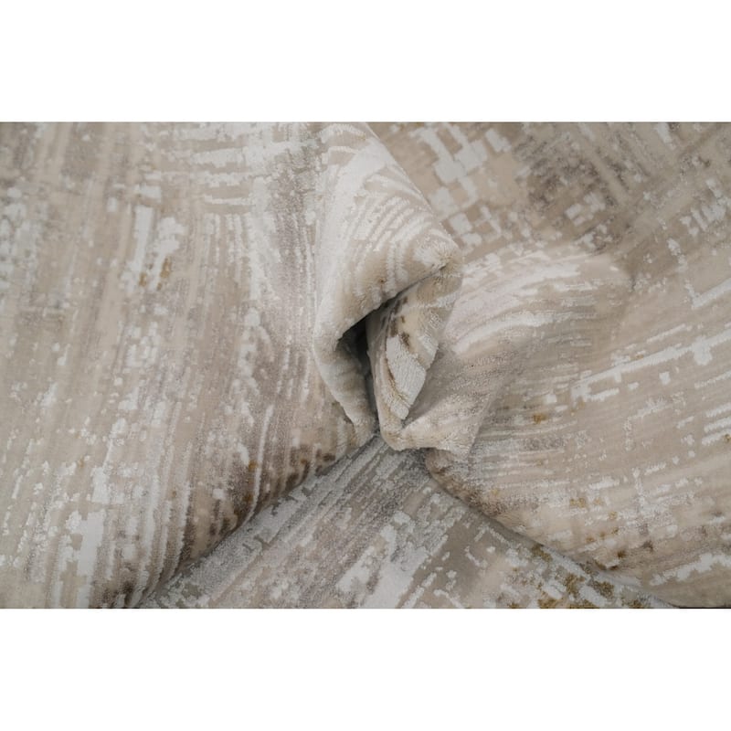 Machine Made Oriental Polyester Carpet Abstract Beige & Ivories Distressed Area Rug - 7' 5'' X 5' 2''