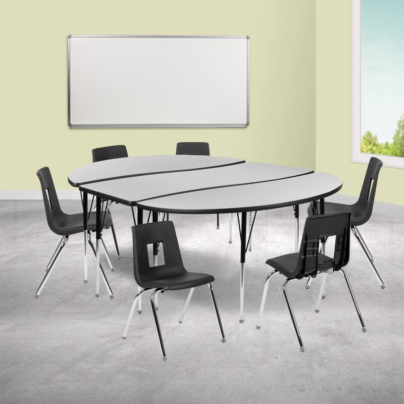 86" Oval Wave Flexible Laminate Activity Table Set with 18" Student Stack Chairs - Grey