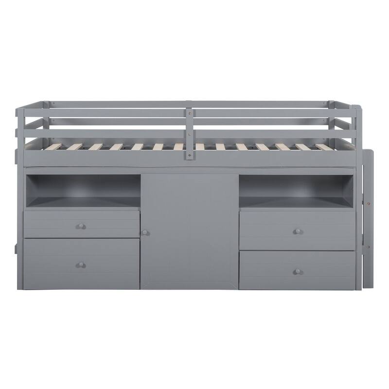 Twin Size Loft Bed with 4 Drawers, Underneath Cabinet and Shelves