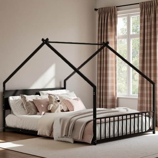 slide 2 of 36, Twin Size Kids' House Bed Frame with Canopy, Built-In Multi-Color LED Lights, Sturdy Metal Slats, Low-Profile Design Full Black - Full