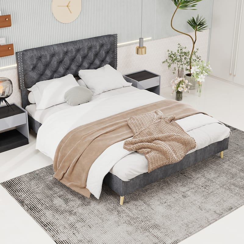 Queen Size Platform Bed Frame with Upholstered Headboard