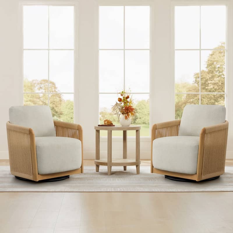 Spruce & Spring Boho Braid Swivel Accent Chair with Woven Paper Rope Armrests&Wood-Look Metal Frame - Set of 2 - Linen
