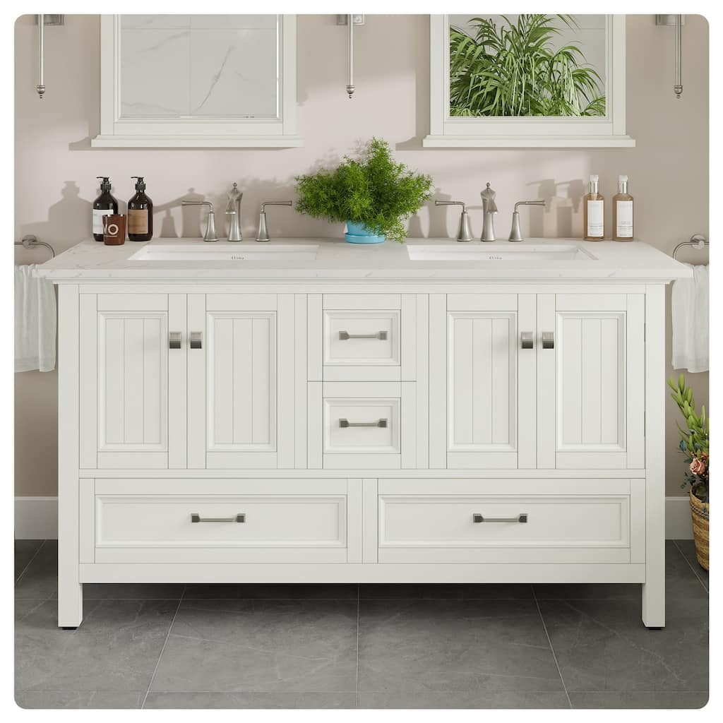 Eviva Britney 60"W x 22"D White DS Bath Vanity with Carrara Quartz Top