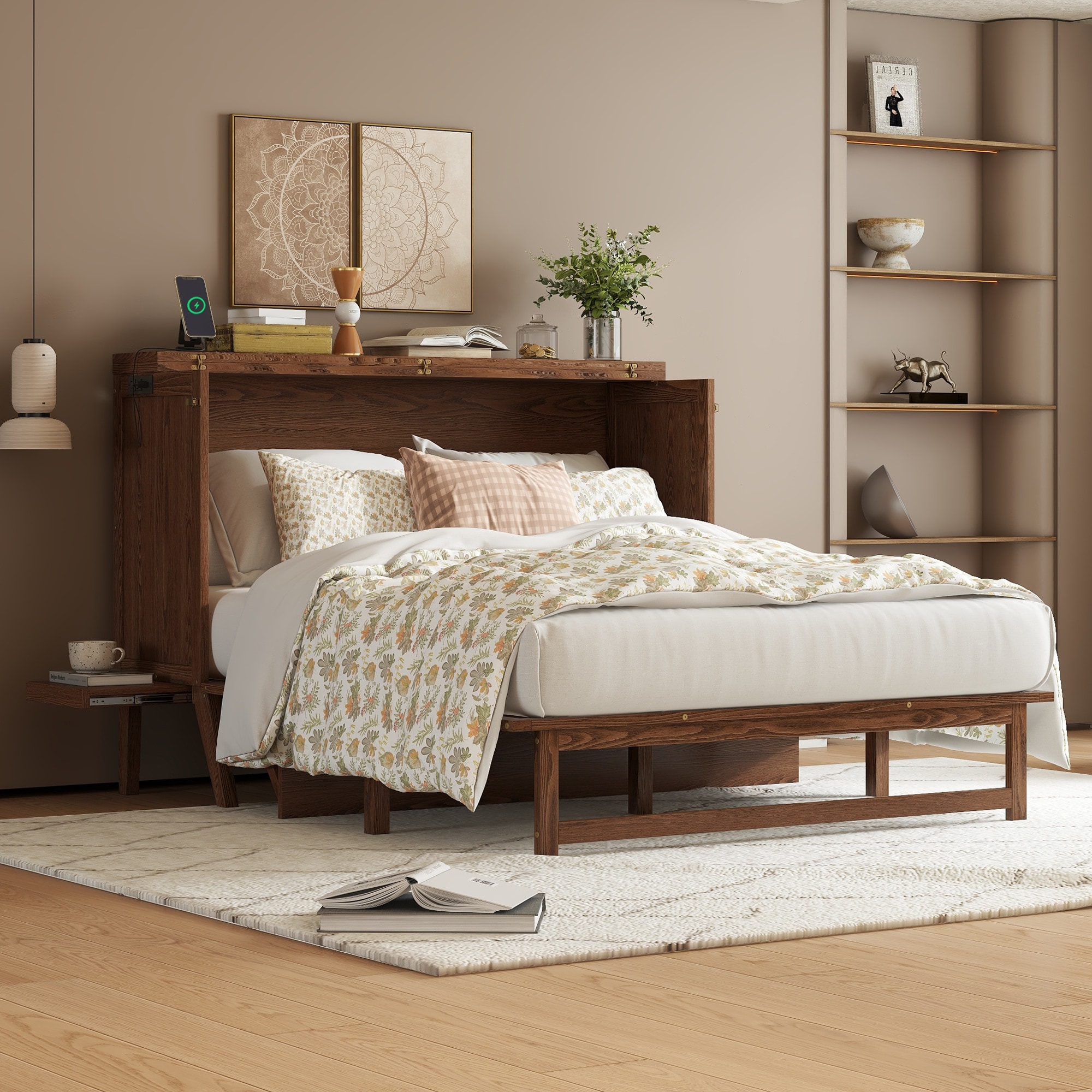 Queen Size Murphy Bed with USB Port and Removable Shelves on Each Side, Solid Pine Murphy Cabinet Bed for Home Office