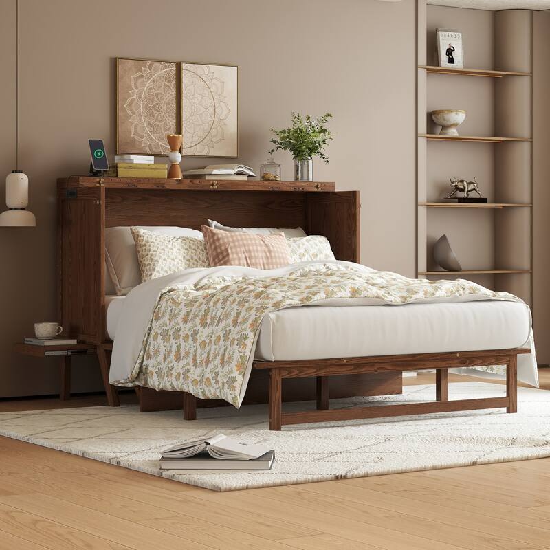 Queen Size Murphy Bed with USB Port and Removable Shelves on Each Side, Solid Pine Murphy Cabinet Bed for Home Office - Walnut