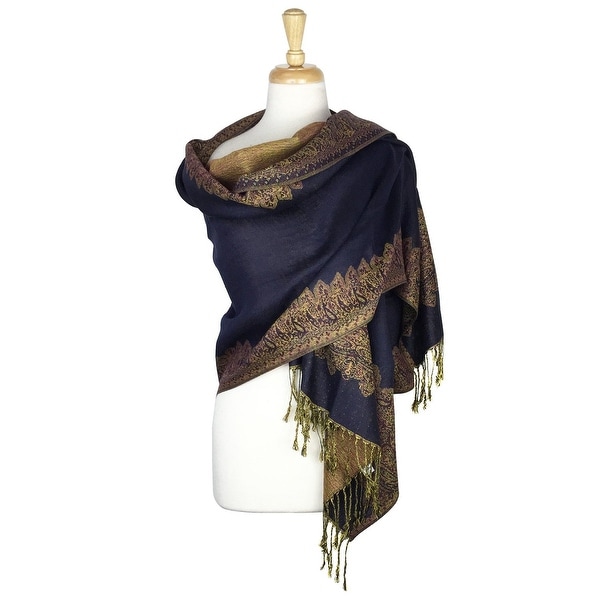 Pashmina Shawl Scarf Wrap Border Pattern Double Layered Reversible - Beige - 28" x 70"