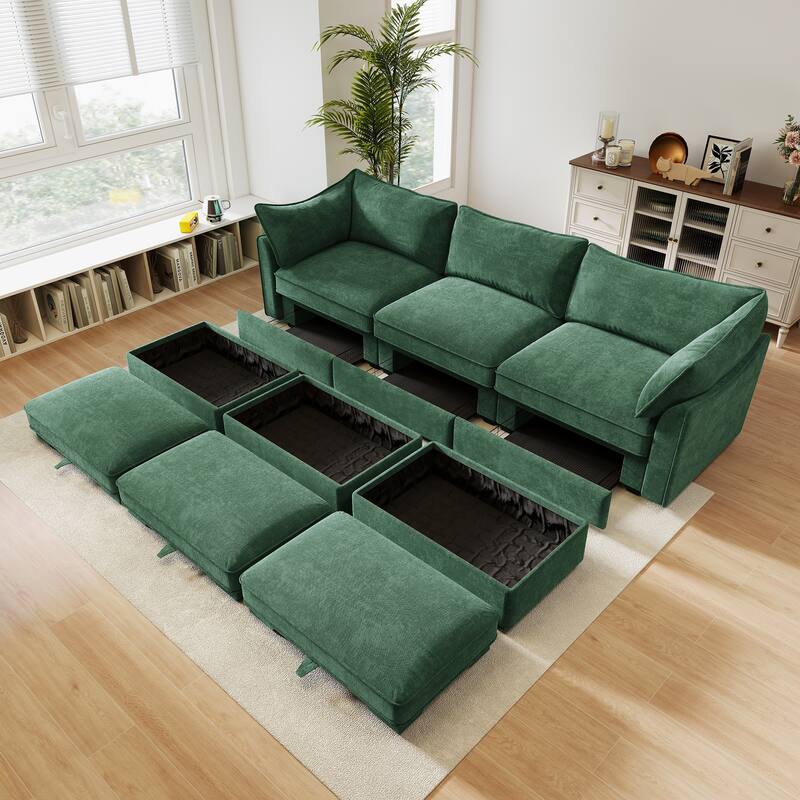 GDFStudio - Chenille 3-Seater 112.6" Modular Sofa with 3 Ottomans - Green