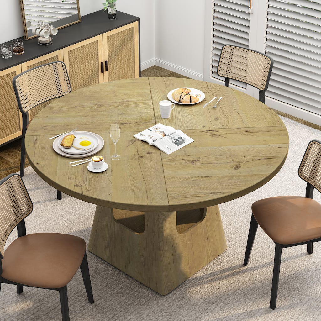 47" Round Farmhouse Dining Table with Storage Base & Wooden Tabletop for 4-6