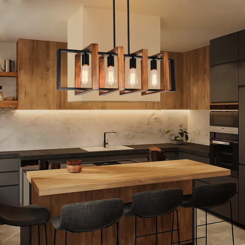 Starsky 4-Light Industrial Linear Kitchen Island Light Lantern Farmhouse Chandelier