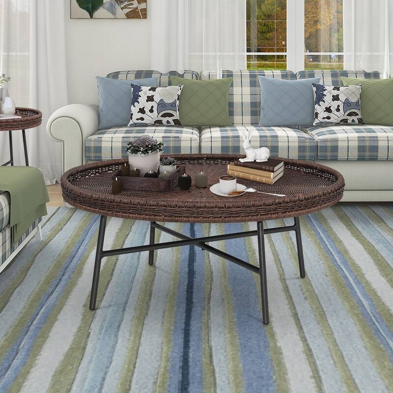 Maypex Wicker Round Table with Metal Cross Legs