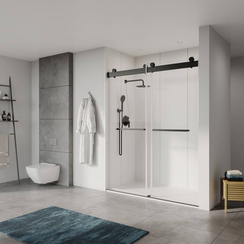Sliding Frameless Shower Door with 3/8 Inch (10mm) Thick Tampered Glass - 48" * 76" - Black