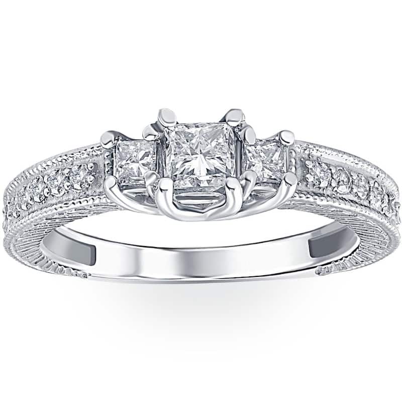1/2ct Vintage Three Stone Princess Cut Diamond Engagement Ring White Gold