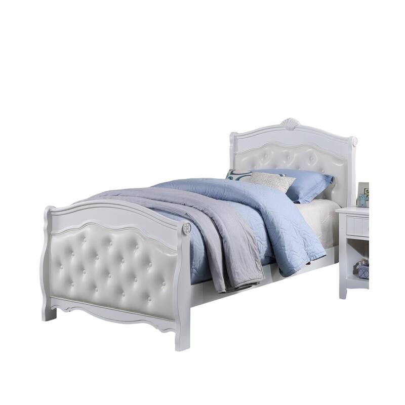 White Twin Size Bed Youth Bedroom Furniture White Faux Leather Headboard Footboard Plywood 1pc Bedframe