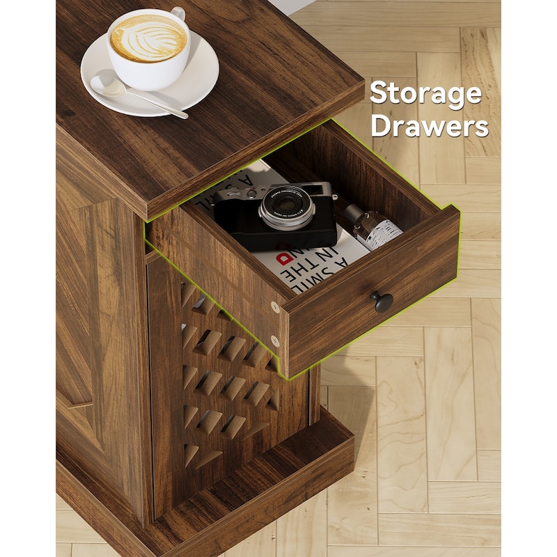 23 Inches Side Table with Drawer and Cabinet, Vintage Brown