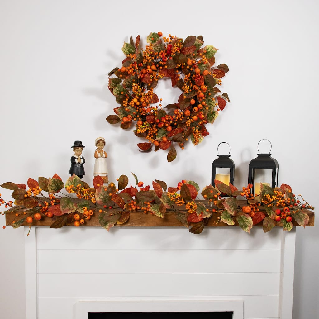 Mini Gourds, Berries and Autumn Leaves Artificial Fall Harvest Garland - 5' x 10"