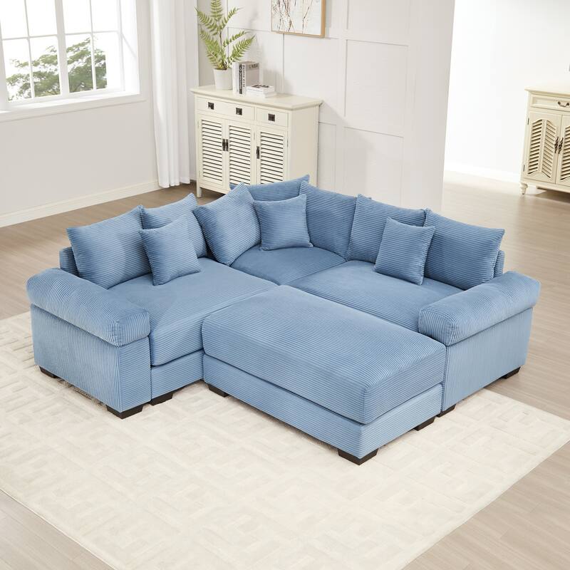 GDFStudio - Corduroy 3-Seater 79.1" Cloud Modular Sectional Couch with Ottoman - Blue