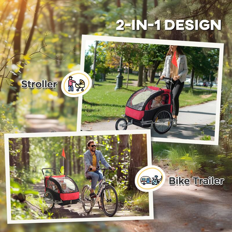 2-Seat Baby Bike Trailer for Kids with Safety Harness, Removable Canopy, Ample Storage