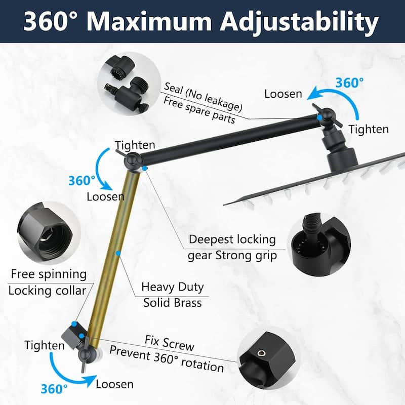 Bathlet 10 inch Rain Shower Head with Height/Angle Adjustable Extension Arm