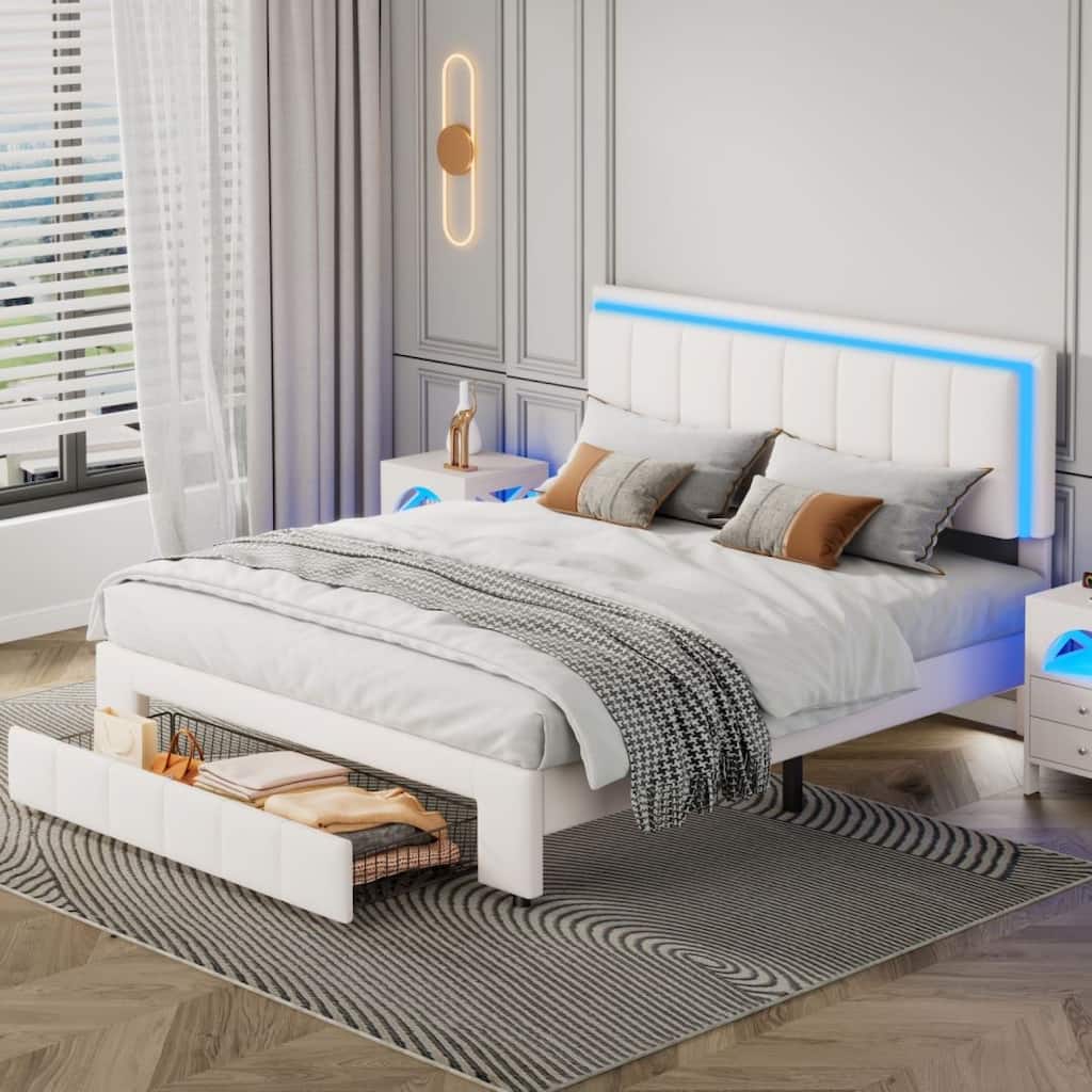 White Queen Size Upholstered Storage Bed with LED Lights