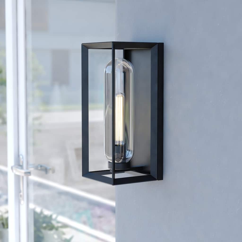 VAXCEL Pullman 15.5 in. H 1-Light Black Transitional Outdoor Wall Sconce, Durable Steel, Clear Glass Shade, LED Compatible