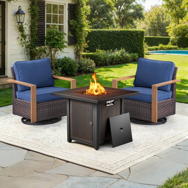 Meyreso 3-Piece Wicker Swivel Glider Metal Fire Pit Set with Plush 4.5" Olefin Cushions