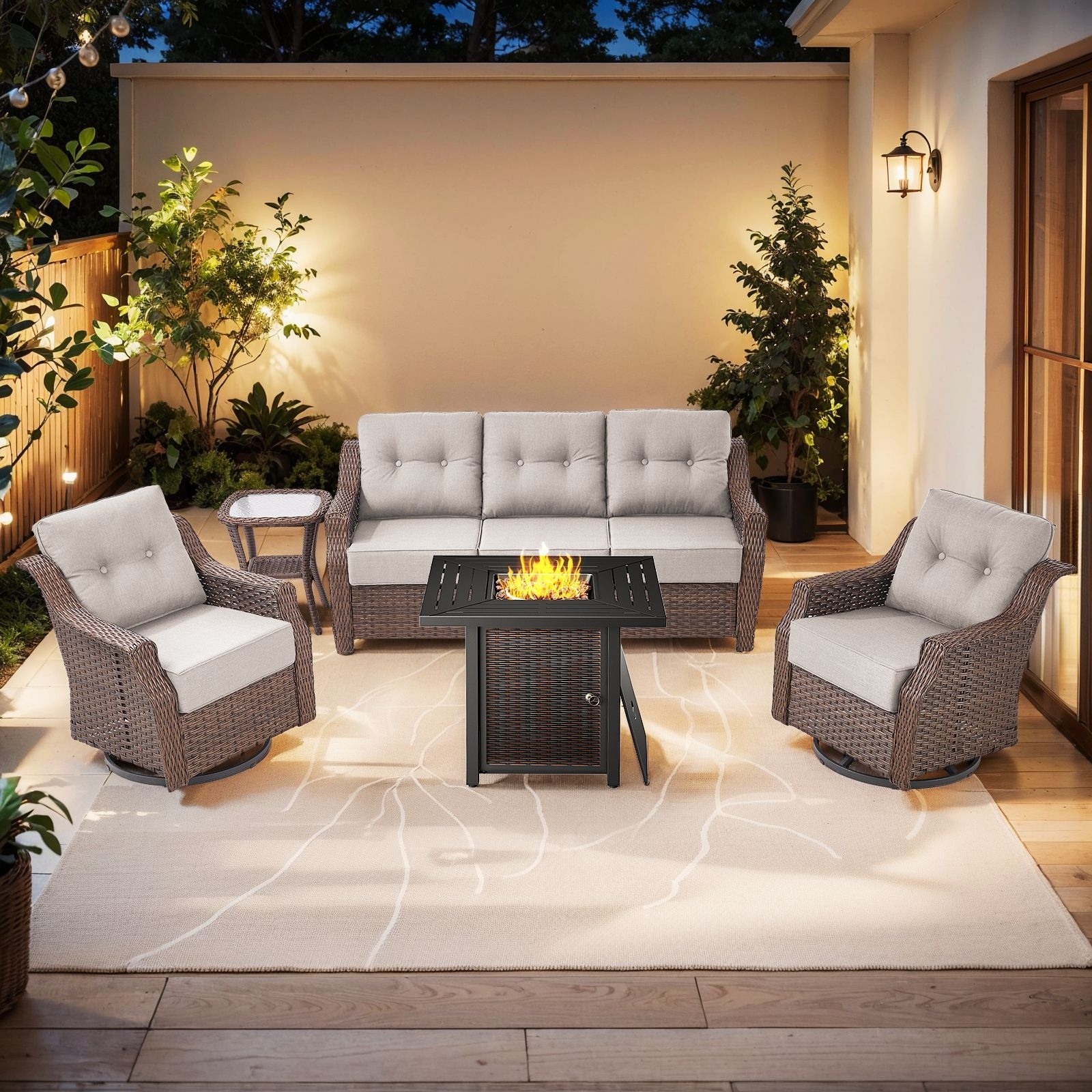 Pocassy 5-Piece Luxury Patio Sofa Furniture Set with 6" Thick Cushions Swivel Chiars with 30 Inch Fire Pit Table 5,0000 BTU