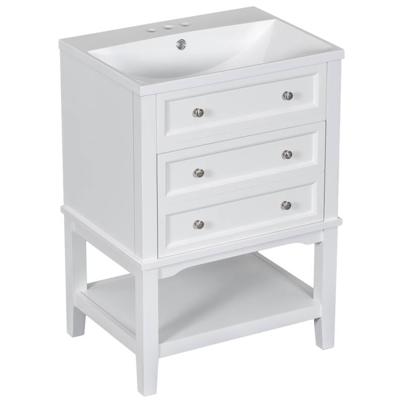 Roomfitters 24" Bathroom Vanity with Sink Storage Cabinet with Drawer and Open Shelf Solid Wood Frame, White