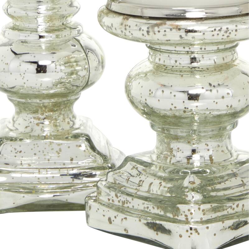 Glass Handmade Turned Style Pillar Candle Holder - Set of 2 Silver - Roche River Decor