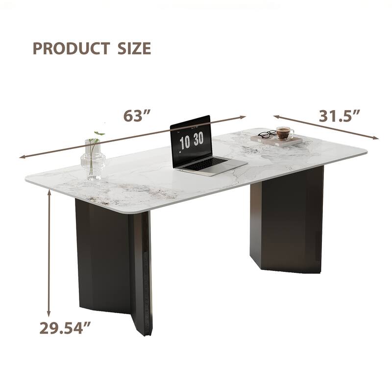 63" Modern Rectangular Writing Desk, Glossy White Sintered Stone Top, Black Stainless Steel Double Base