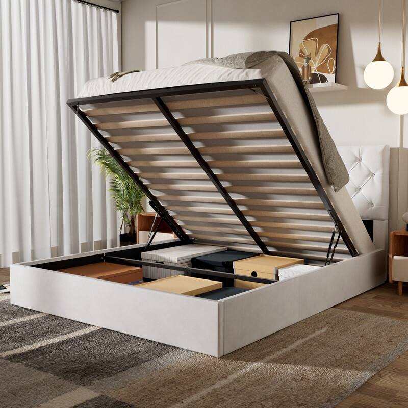 Plywood Frame Upholstered Platform Bed with Lift-up Storage Supported by Metal and Wooden Slats