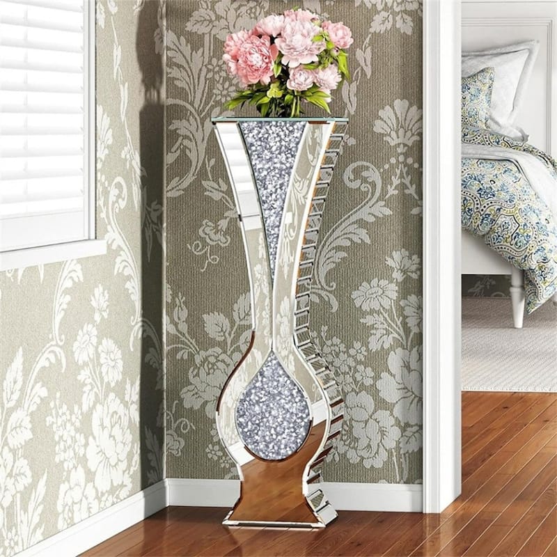 27" Tall Silver Mirrored Floor Vase Glam Crushed Diamond Vases