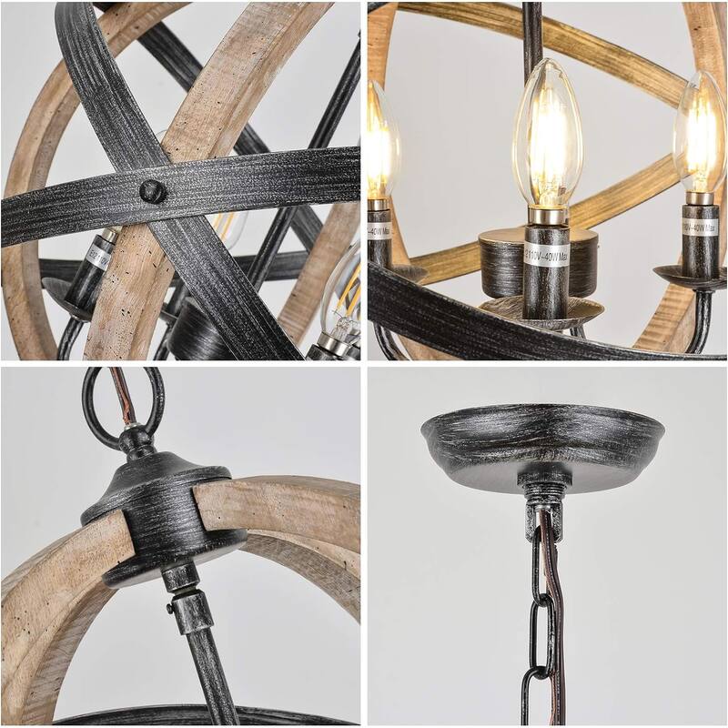 Farmhouse Chandelier Light Fixture, 5-Light Rustic Wooden Pendant and Ceiling Light for Dining Room or Bedroom