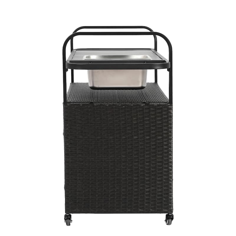 Outdoor Wicker Bar Cart with Steel Top, Ice Bucket,Lockable Wheels