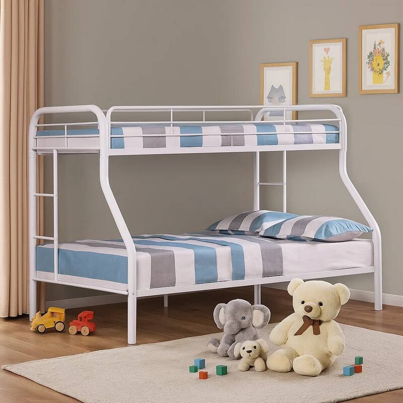 Fegy Twin over Full Bunk Bed with Ladder and Rails, Silver Metal Frame