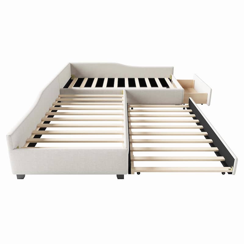 L Shaped Daybed with Trundle, Double Twin Linen Upholstered Sofa Bed Frame w/Storage Drawer, 3 Beds in One, No Box Spring Needed
